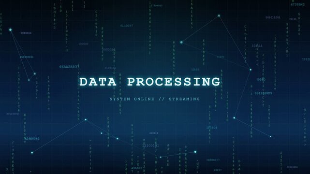 Digital data processing animation with flowing binary code and connected network nodes on dark blue background