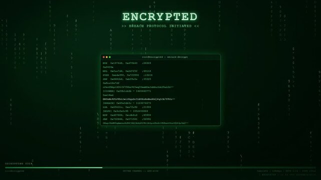 Digital green matrix code background with encrypted data processing and computer hacking interface animation