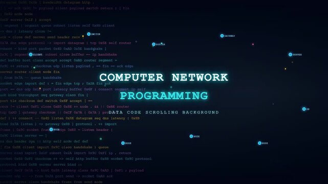 Digital computer network programming code scrolling on a dark blue screen background