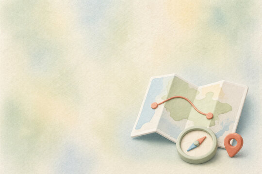 Soft clay 3d icon of a map and compass for travel planning on pale watercolor background