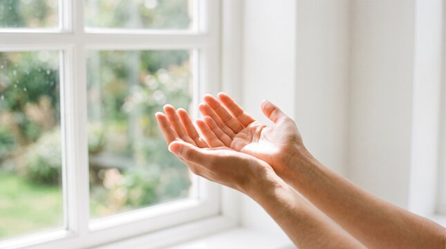 Hands held out near window indoors