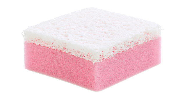 Isolated dual-layer pink and white cleaning sponge with soft pink base and abrasive top scrubber pad