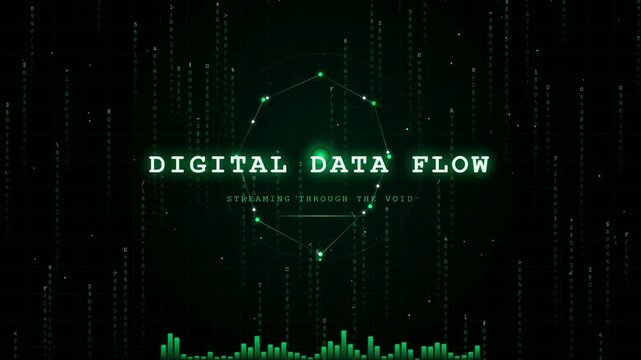 Abstract digital data flow animation with green binary code and futuristic hud interface elements