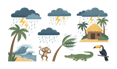 Fototapeta premium Collection of Tropical storm and weather elements collection with animals and hut.