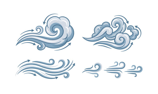 Collection of Stylized illustrations of wind and air currents in various forms.