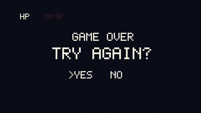 Retro pixel art game over screen with try again menu option