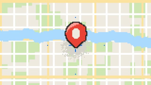 Retro pixel art city map animation with red location pins and river