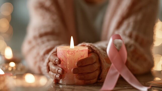 Gentle hands cup a softly glowing candle a symbol of hope and resilience embraced by a pink ribbon representing breast cancer awareness and the collective fight for health.