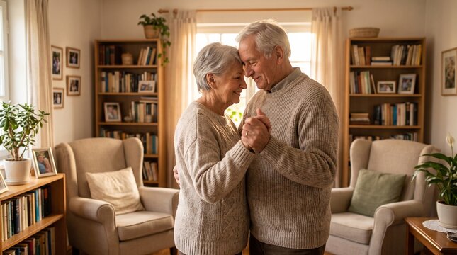 Elderly couple dancing romantically in their cozy living room filled with books and plants