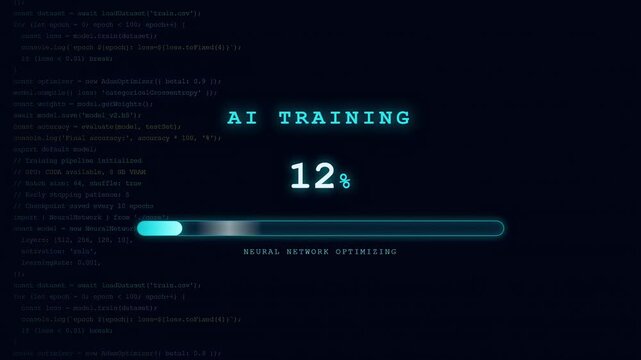 Digital screen showing artificial intelligence training progress with loading bar and scrolling computer code