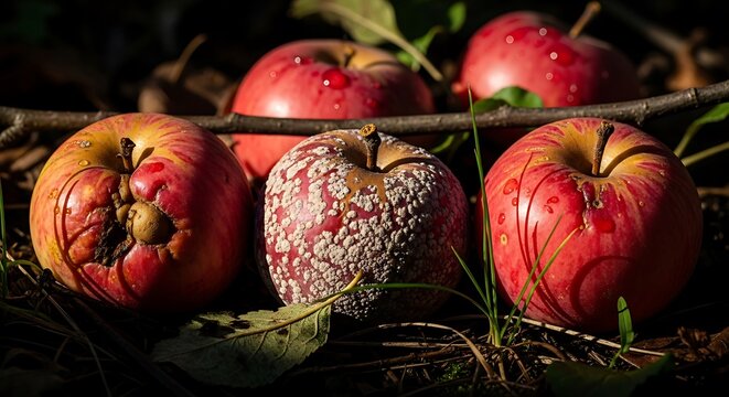 Rotten and decaying red apples on orchard ground with agriculture, moisture