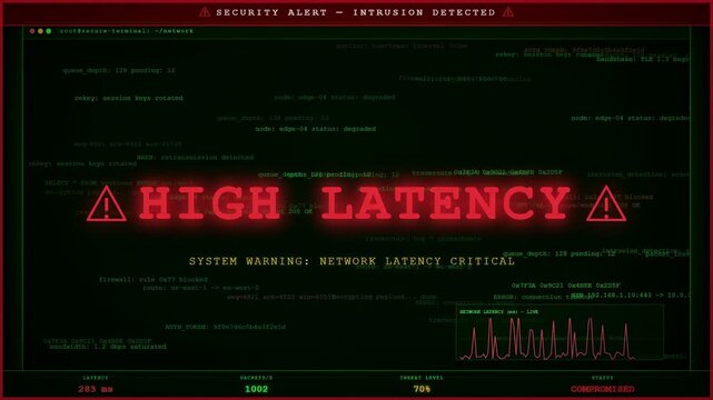 Digital screen displaying high latency warning and security alert with scrolling computer code and data