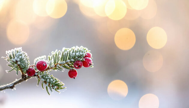 Frosted evergreen branch with red berry and golden bokeh creating peaceful winter nature scene with soft background light and seasonal atmosphere