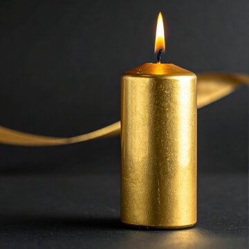 Gold candle with bright flame against dark background, creating warm elegant atmosphere for meditation, celebration, relaxation, and spiritual interior decor