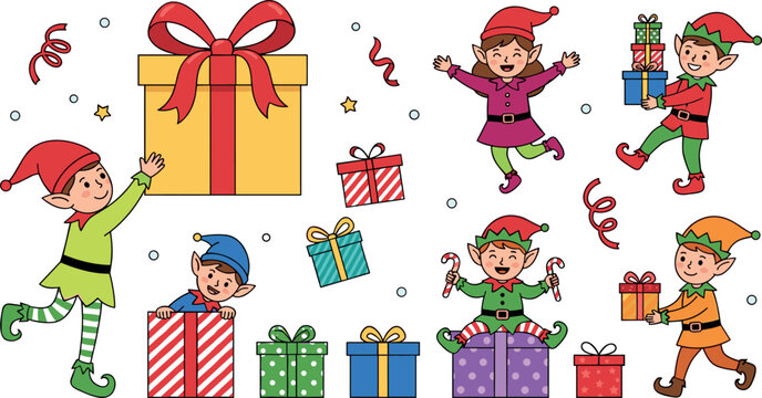 Cute Christmas elf cartoon character set with colorful holiday gift boxes candy canes and confetti vector illustration for winter festive stickers