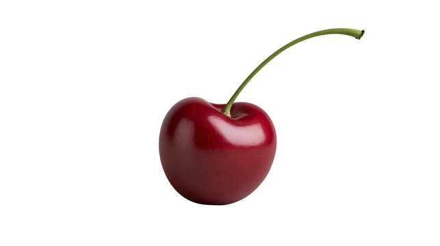 Isolated single vibrant red cherry with a delicate green stem, fresh and juicy fruit.