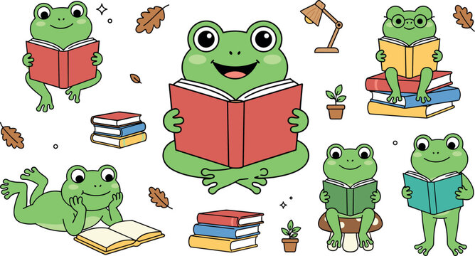 Cute frog cartoon character reading books set with library stacks desk lamp and autumn leaves vector isolated illustration for school education stickers