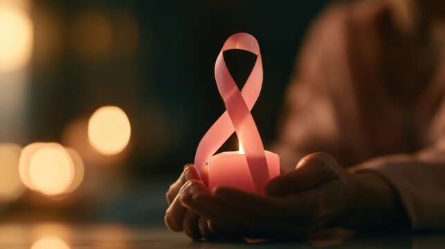 Gentle glow of hope Pink ribbon embraced by caring hands illuminates darkness symbolizing breast cancer awareness support and the enduring spirit of survivors.