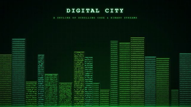 Abstract Digital City Skyline Created from Scrolling Green Binary Code on Black Background