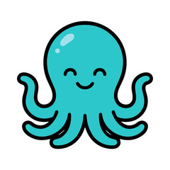 Smiling cartoon teal octopus with friendly eyes and wavy tentacles, isolated on white background © saham
