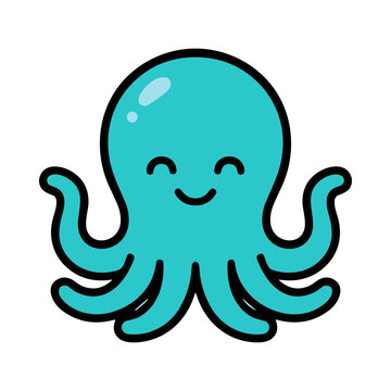 Smiling cartoon teal octopus with friendly eyes and wavy tentacles, isolated on white background