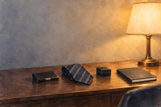 Watercolor illustration of a business card case, folded necktie and cufflinks box on a hotel desk with warm lamp light