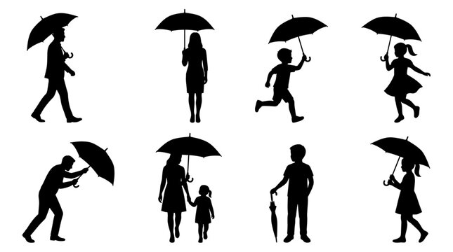 Black silhouette collection of people holding umbrellas, walking running and standing figures, rainy weather theme, autumn fashion, seasonal
