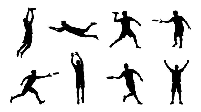 Set of frisbee player silhouettes showing various throwing, jumping, and catching poses, dynamic sports actions, athletic competition, active