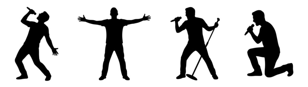 Set of four black silhouettes of men singing with microphones and performing on stage, music concert and live entertainment performance vectors