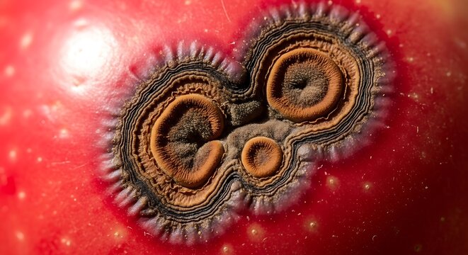 Close up view of fungal growth spreading on a fresh red apple surface