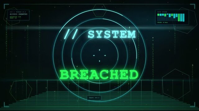 Digital HUD Interface Showing System Breached Warning with Futuristic Cyber Security Data Visualization