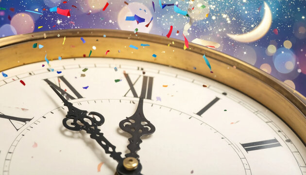 Antique clock face with ornate hand, midnight celebration, colorful confetti, crescent moon, and sparkling light