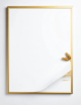 Gold frame white background wheat branch paper curl minimalist wall decor with elegant golden border, clean copy space, and soft shadow for refined design template