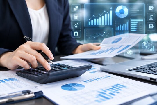 Businesswoman analyzing financial data with a calculator, digital budget charts, and an expense management interface for strategic planning.