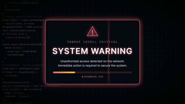 Digital Cyber Security System Warning Alert with Scanning Progress Bar on Computer Code Background