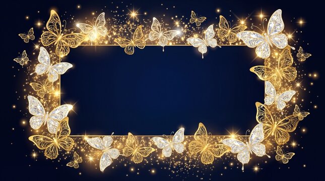 Multiple magical golden crystal butterflies forming a glowing rectangular frame on dark blue background, luxury fantasy sparkling border design with copy space for celebration