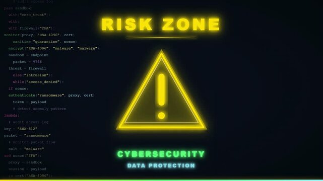 Digital Cybersecurity Warning Sign with Risk Zone Alert and Scrolling Computer Code Background