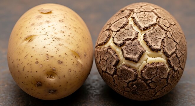 Two whole potatoes comparing fresh texture with cracked dry skin texture