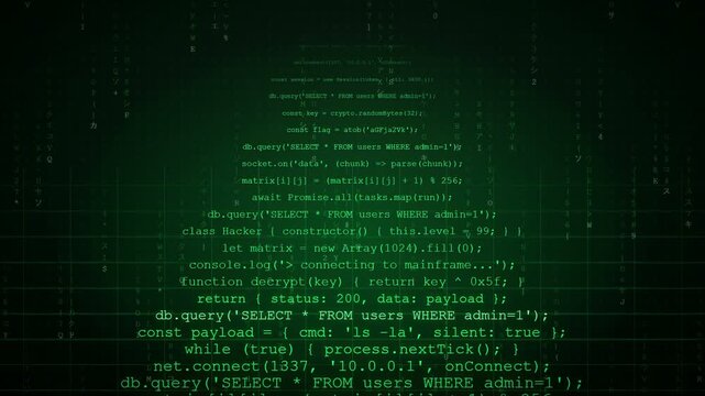 Digital scrolling computer code on dark screen representing cybersecurity and software programming concepts