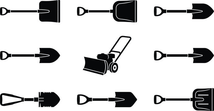 Set of snow shovels spades and walk behind power plow black silhouette vector icons