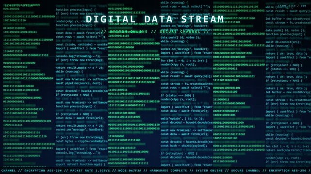 Digital data stream with scrolling computer code and binary numbers on a dark screen