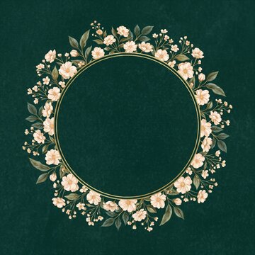 Lush botanical circular wreath framed by delicate white wild roses and dense green foliage on dark textured green background, vintage romantic floral border design with copy space