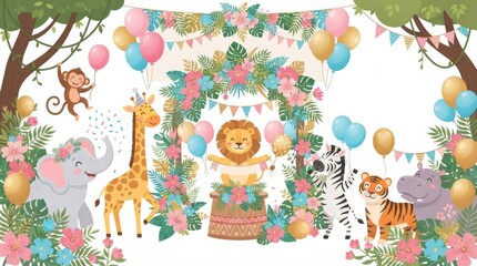 Fototapeta premium A joyful celebration features animals like a lion, giraffe, and elephant with colorful balloons and flowers for a gender reveal event.