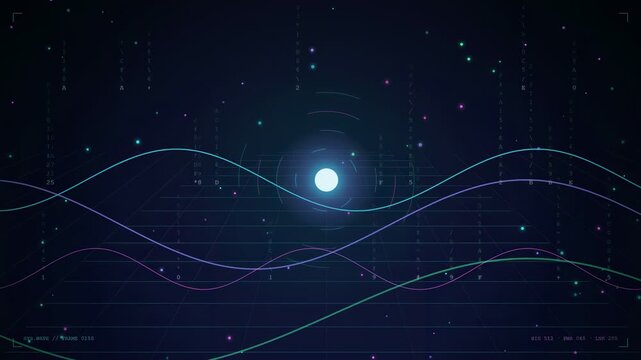 Abstract digital data visualization with glowing wave lines and particles on dark blue background