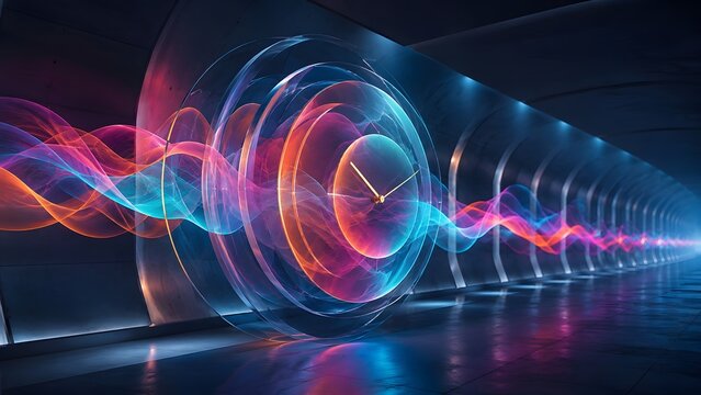 Futuristic abstract clock faces with glowing neon sound waves inside high tech science fiction tunnel.