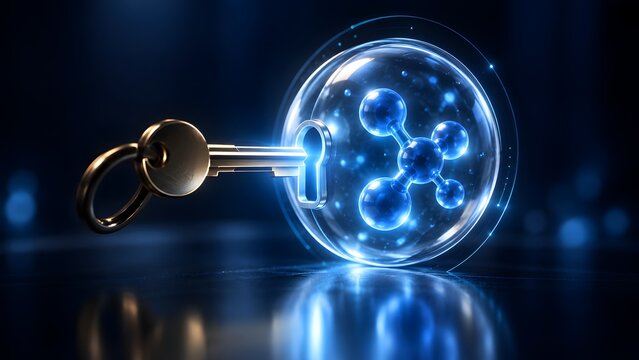 Golden key unlocking glowing blue transparent sphere containing molecular structure in dark futuristic high tech environment.