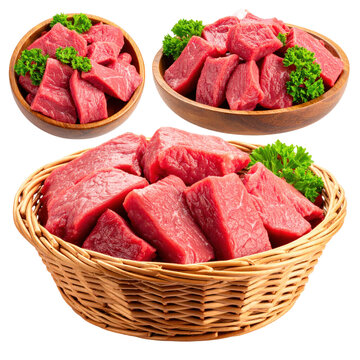 Raw Beef Cubes in Wooden Bowls and Woven Basket on Transparent Background with Green Garnish