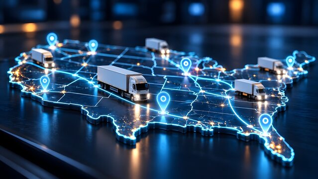 Glowing futuristic US map with connected logistics network lines and moving white semi trucks for national freight transport concept.