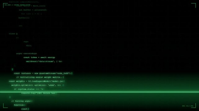 Green computer code lines glowing on a dark screen background representing software development and programming concepts for technology and cybersecurity themes 4k Motion Video