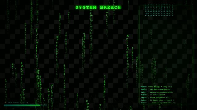 Digital Cyber Security Breach Animation with Green Matrix Code and Red Error 404 Warning